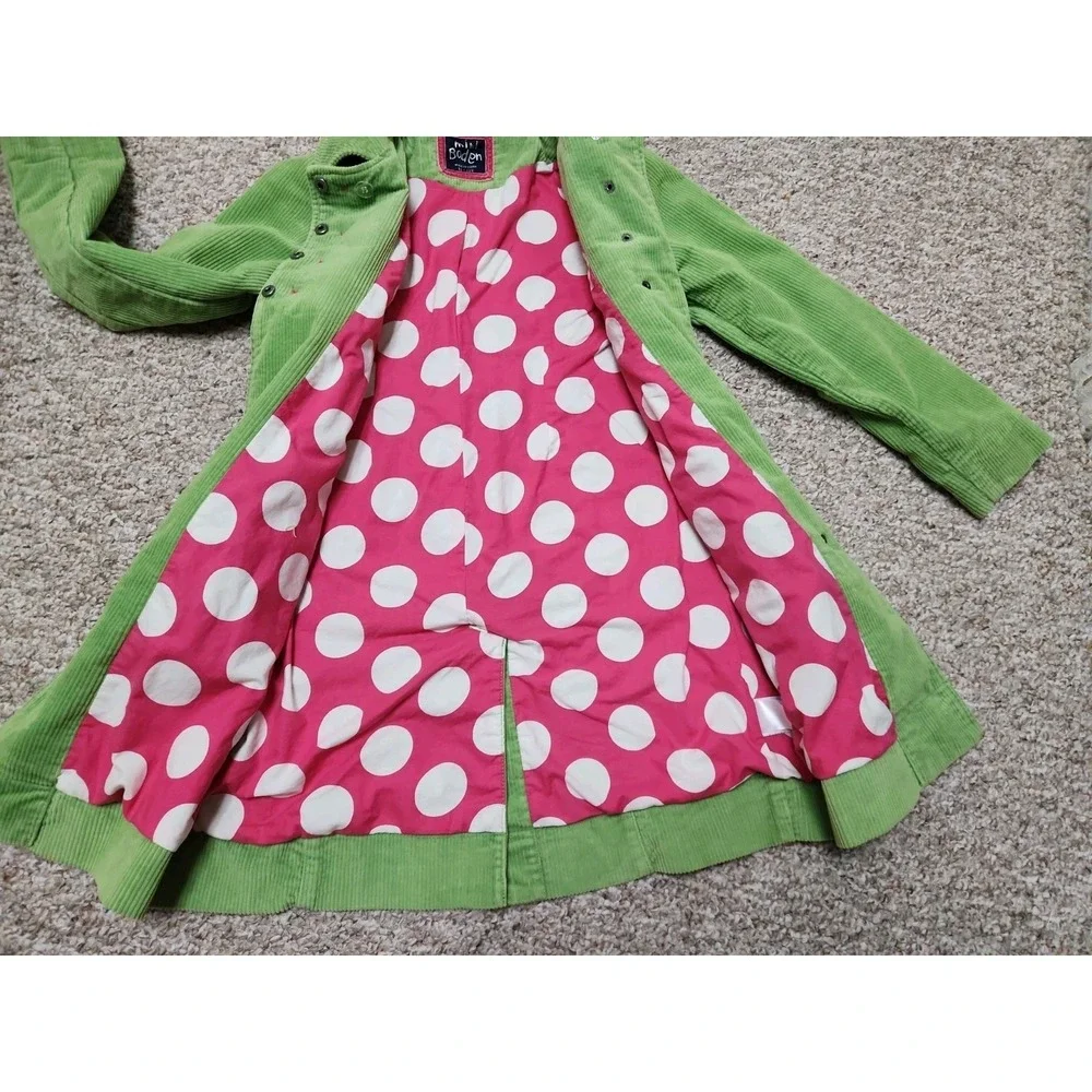 Mini Boden Peacoat Girls 11-12Y Green Polka Dot Lined Corduroy Long Coat
